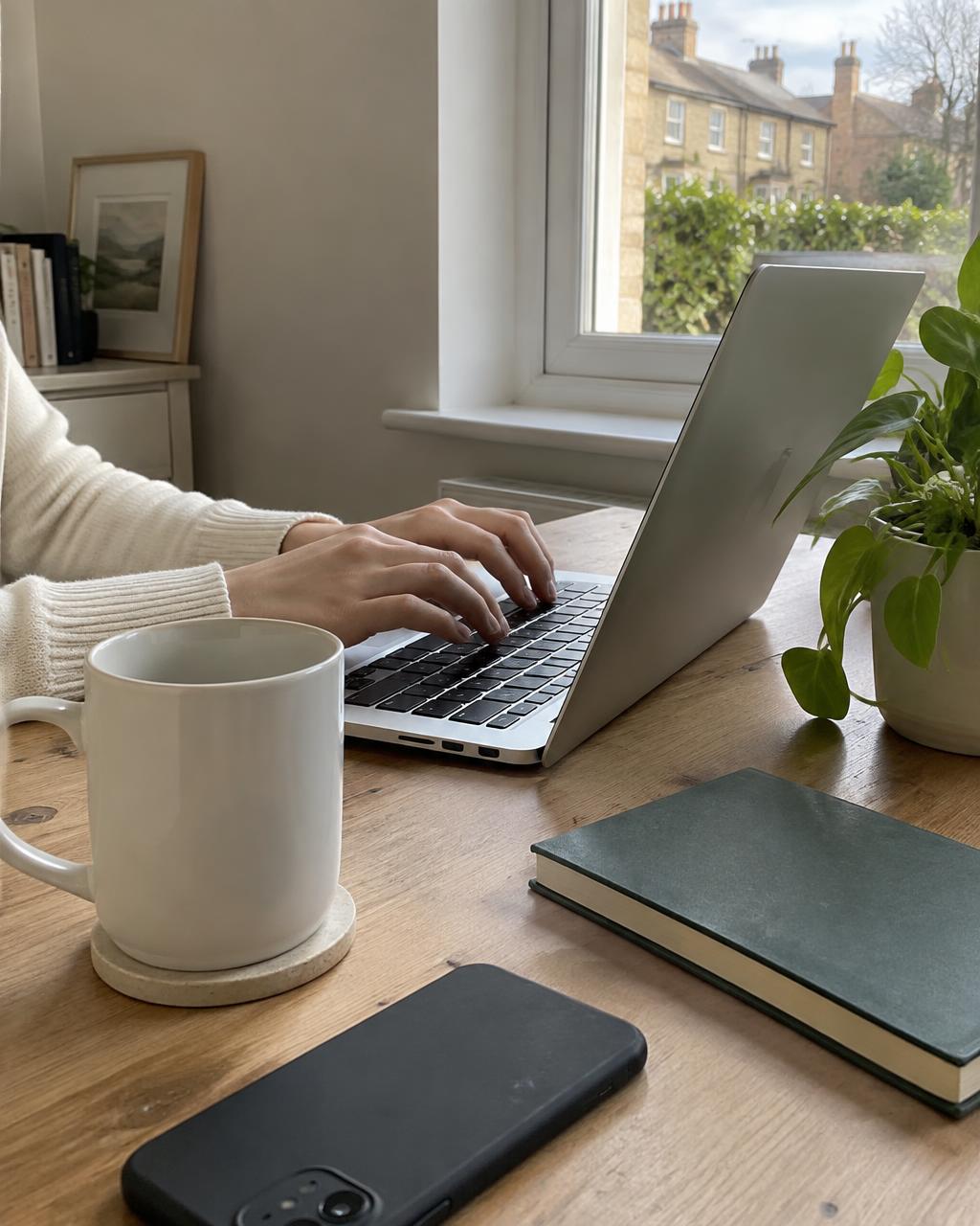 Hands typing on a laptop at a wooden desk by a window, with a mug, notebook and phone