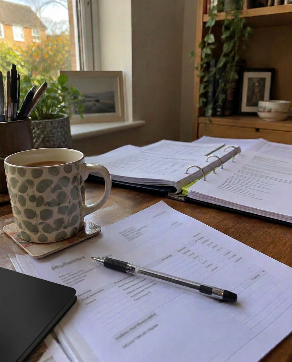 Desk by a window with an open ring binder, paperwork, a pen and a mug of tea