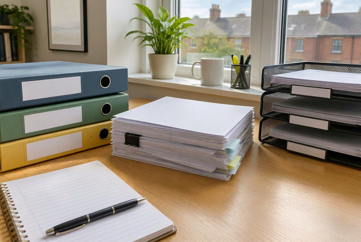 Labelled folders, paperwork and filing trays on an office desk