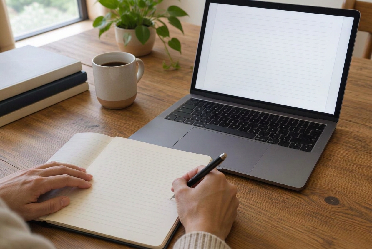 Hands writing notes beside an open laptop