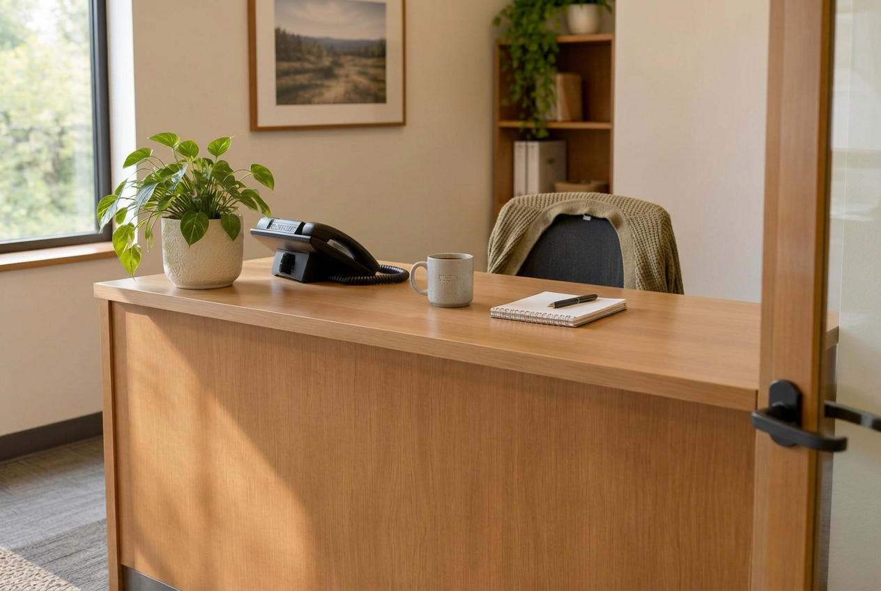Welcoming office reception desk with a telephone and notepad