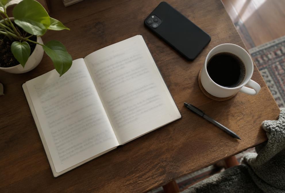Open diary on a wooden desk beside a phone, pen and coffee